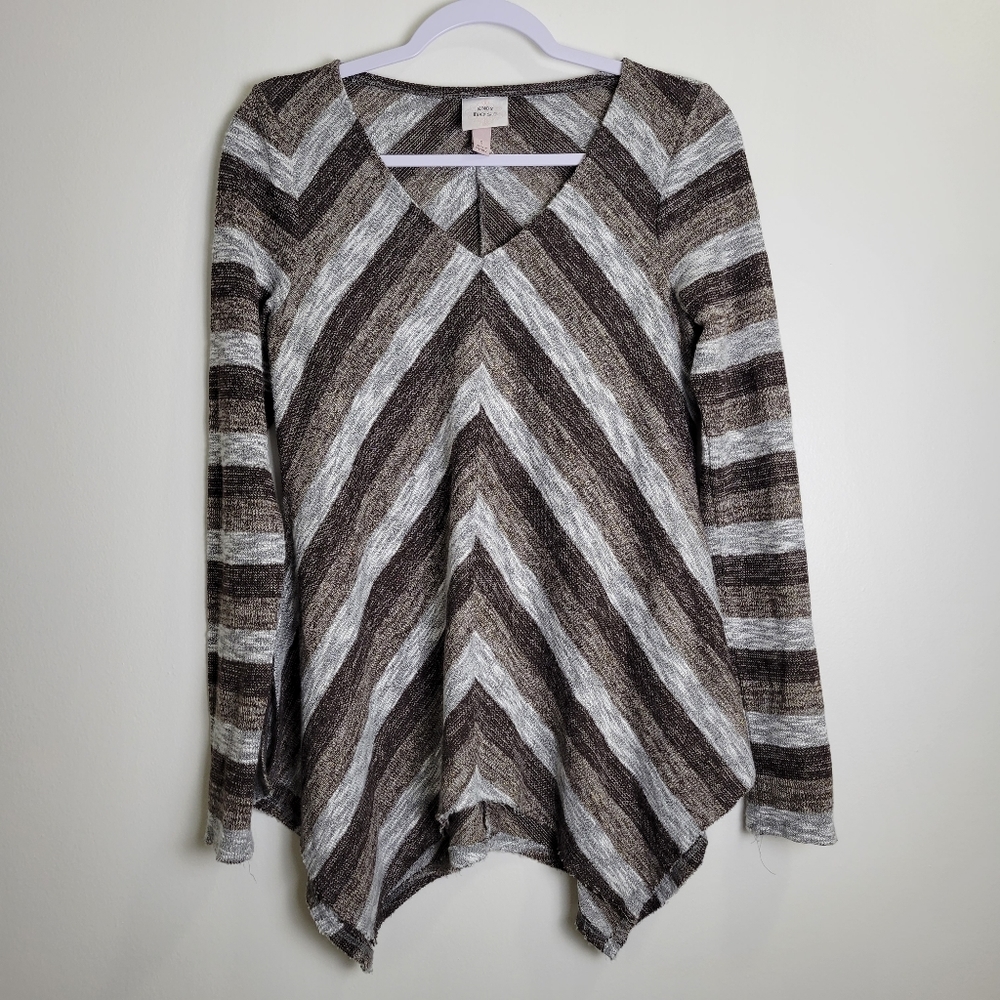 Knox Rose Brown Chevron Metalic Striped V Neck Asymmetrical Flowy Top S‎